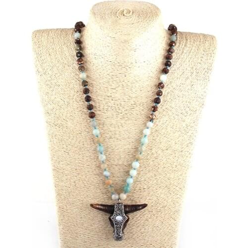 Fashion Semi Precious Amazonite Stone Knotted Stone Brown Bull Head Pendant Necklaces