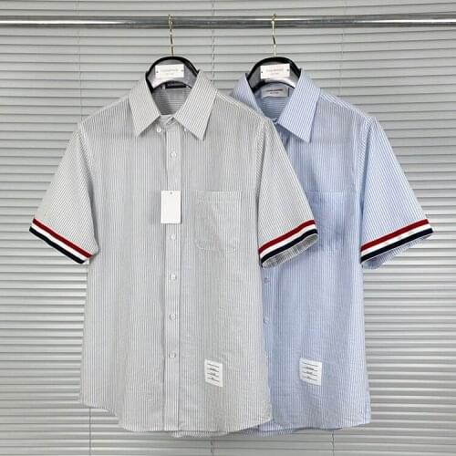 2021 Fashion TB THOM Brand Shirts Men Slim Fit Short Sleeve Casual Striped Shirt Summer Turn Down Collar Cotton Mens Clothing