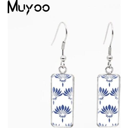 New Classic Chinese Style Blue and White Porcelain Patterns Print Handmade Jewelry Rectangle Fish Hook Earrings