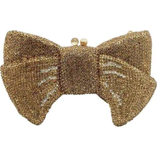 Drivworld Novelty Women Bow Clutch Crystal Evening Bags Hard Case Metal Minaudiere Rhinestone Handbags Wedding Party Purse