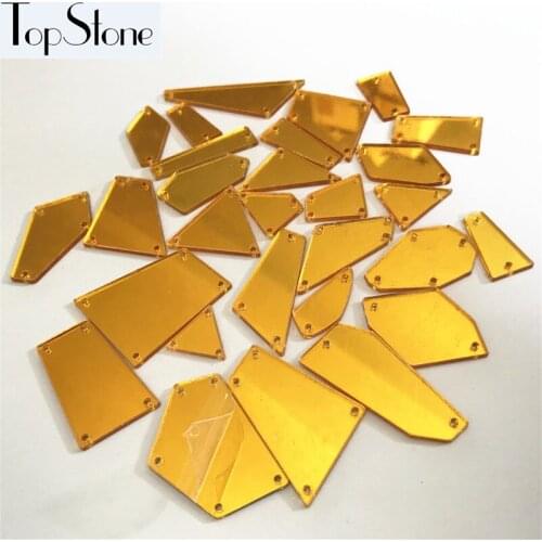 Wholesale! 90Pcs/30Pcs Gold Color Acrylic Mirror Sew On Rhinestones Irregular Acryl Mirror Sew On Stones for Fabric Dress Making