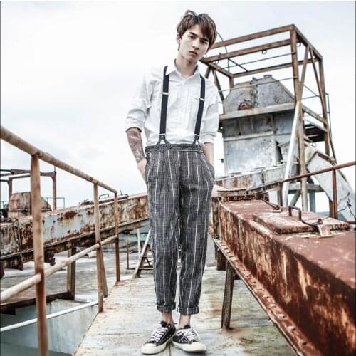 S-2xl Spring And Autumn British Casual Trousers Mens Self-cultivation Plaid Detachable Suspenders Youth Hairstylist Bib Pants