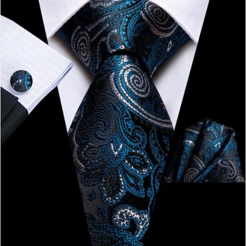 Hi-Tie Dark Blue Black Floral Silk Wedding Tie For Men Handky Cufflink Set Fashion Designer Gift For Mens Necktie Business Party