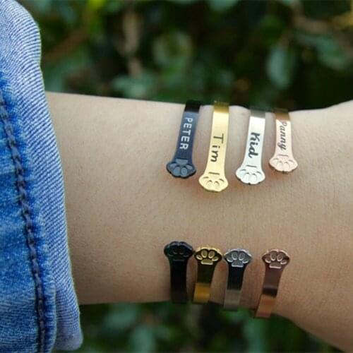 6mm Personalized Pet Gog Cat Paw Pattern Custom Name Adjustable Open Cuff Bangle Stainless Steel Bracelet For Pet lover Jewelry