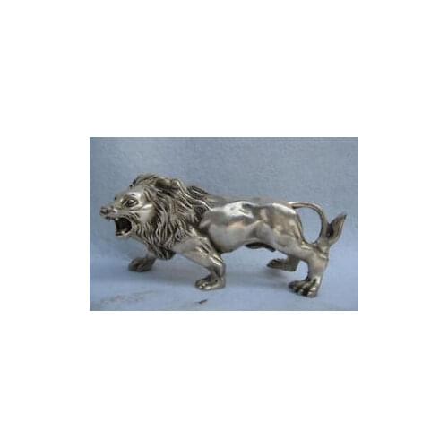 Old Tibet Silver China Folk Refined white Copper Silver Feline animal Ferocious Male lion Statue wholesale factory Arts outlets