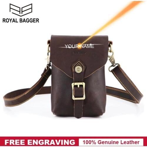 Royal Bagger Shoulder Sling Bag for Men Phone Pocket Genuine Cowhide Crazy Horse Leather Retro Casual Waist Pack Small Bags