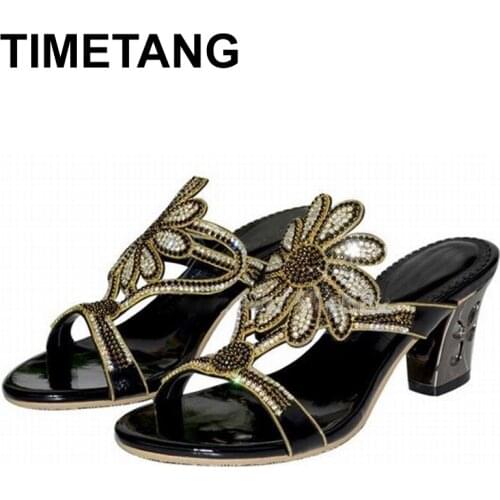 TIMETANG Big Size35-44Hot2021New Summer Fashion Ladies Rhinestone Flower Sandals Women Square Heel Shoes Thick High Heel Slipper