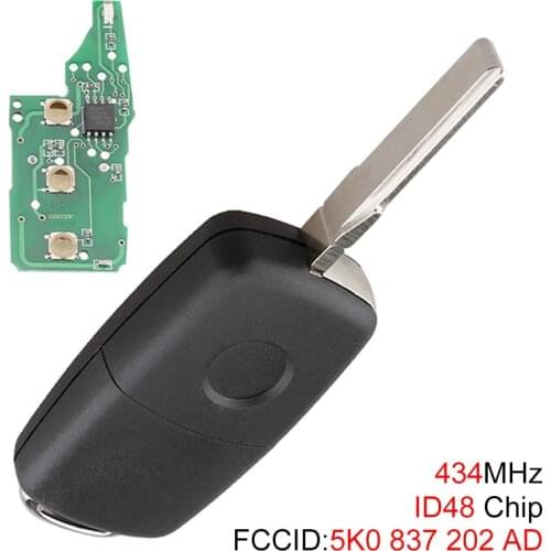 434 MHz 3 Buttons Universal ABS Uncut Flip Remote Key Fob with ID48 Chip fit for Caddy/Tiguan/Touran/Golf/Jetta/Polo/Scirocc