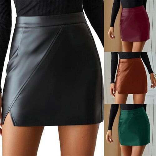 High Waist Split Pu Leather Womens Mini Skirt A-Line Black Sexy Female Short Skirt 2021 New Autumn Winter Lady Bottom Bodycon