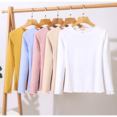 Spring Autumn Long Sleeve Women T shirt O Neck Cotton T-shirts Solid Slim-fit Fashion Lady Basic Tees Ruffle White Top 2021