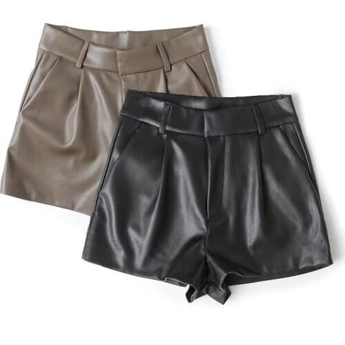 2020 Spring Autumn Women Cool Punk High Waist PU Faux Leather Shorts Girls Casual Wide Leg Zipper Fly Loose Shorts Streetwear