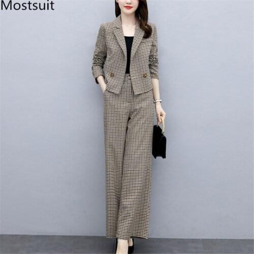 2020 Autumn Korean Fashion Plaid Women Two Piece Pants Suits Sets Long Sleeve Coat + Wide Leg Pants Outfits Fashion Elegant Sets