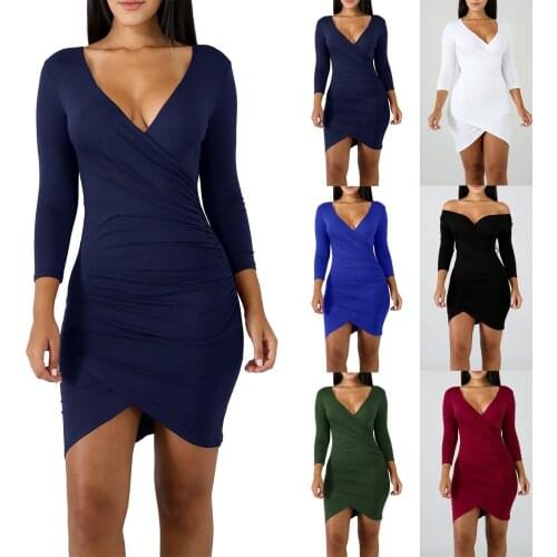 Womens Autumn Dress Sexy Formal Clothing Fashion Ladies Slim Pleated V-neck Solid Color Long-Sleeved Dress Office Lady Outfits