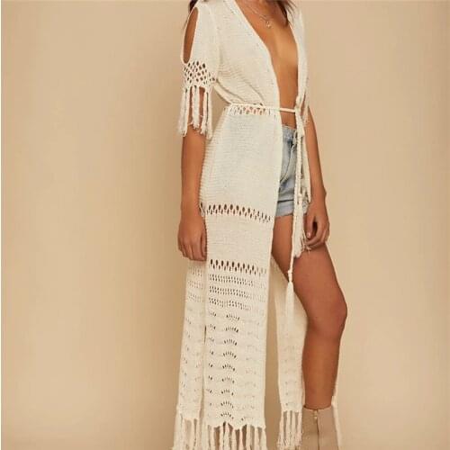 Women Knitted Bikini Cover Up Hollow Out Crochet Beach Tunic Dress With Drawstring Tassels Holiday Clothes Long Beach Cardigan