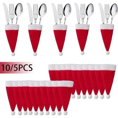 10/5pcs Christmas hat Decorations Kitchen Fork Knife Cutlery Storage Holder Bag Pocket Spoon Bags Dinner Table Decor Ornament