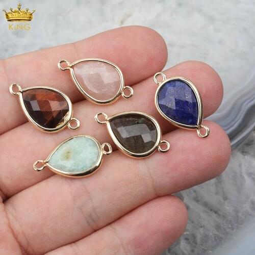 10Pcs/Lot Plated Gold Natural Tiger Eye Lapis Stone Water Drop Beads Charms For DIY Pendant Necklace Jewelry Findings DT-18KBC.E