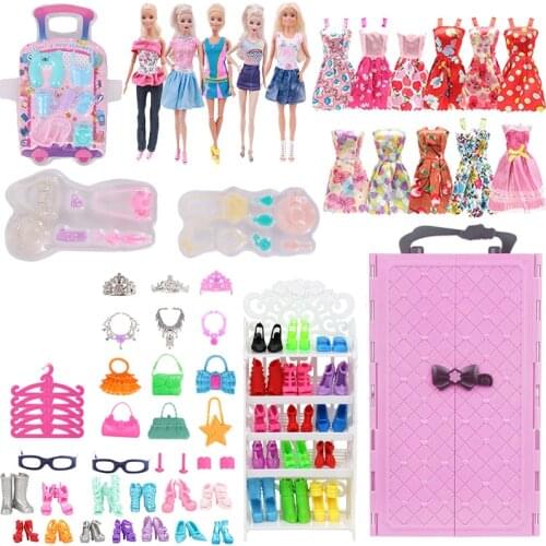 72 Pcs/Set Barbies Doll Clothes FreeShipping Accessories=Wardrobe Shoe Rack Suitcase Clothes Hangers Shoes Random Bag glasses