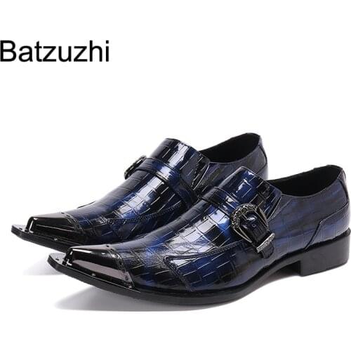Batzuzhi Handsome Mens Shoes Luxury Handmade Leather Dress Shoes Men Pointed Metal Toe Blue Business and Party Zapatos Hombre