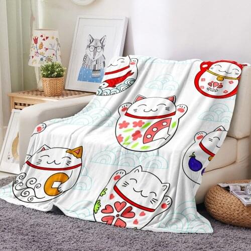 3D Print Lucky Cat Flannel Blanket Cartoon Get Rich Fleece Blanket Picnic Travel Cute Fluffy Blanket Home Textile Throw Blanket