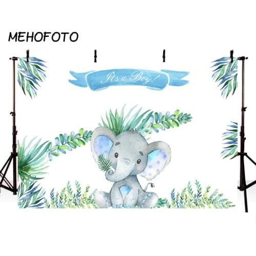 MEHOFOTO Little Elephant Backdrop for Its a Boy Baby Shower Party Background Watercolor Leaves Backdrops for Photo Booth Props