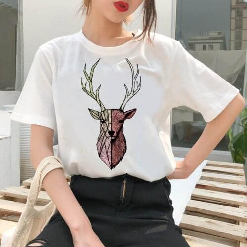 Women Cartoon Sika deer head printed t-shirt Kawaii t-shirt white Tops casual short Camisetas Mujer_T-Shirt