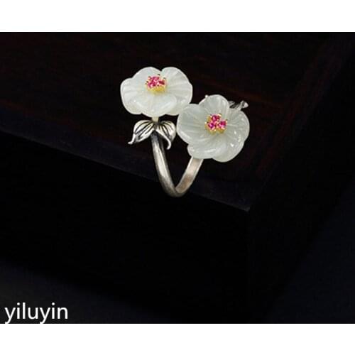 KJJEAXCMY Boutique jewelry S925 pure silver natural Hetian jade white mosaic double head plum blossom lady high-end ring