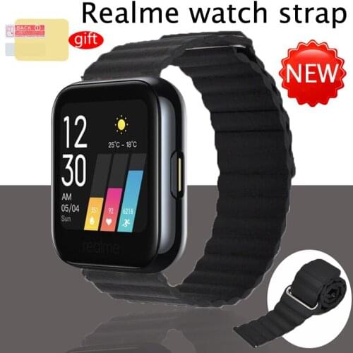 Leather bracelet for Xiaomi Realme watch Strap smartwatch band Magnetic loop Wristband with TPU screen protector film