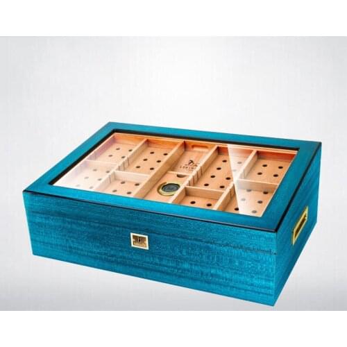Beautiful Cigar Box Large Capacity Lake Blue Spanish Cedar Wood Glass Display Case With Humidifier Men Gadget Accessories Gift