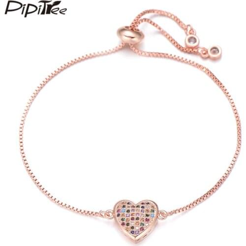 Pipitree Beautiful Multi Cubic Zirconia Heart Bracelet for Women Lover Slider Chain Charm Bridal Wedding Bracelets Jewelry Gift