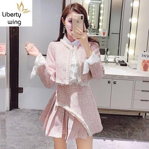 Sweet Pink 3 Piece Sets Women Streetwear 2020 Ruffle Long Sleeve White Shirt Beading Tweed Short Pleated Skirt Suit S-L