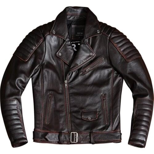 Top Layer Cowhide Large Size Motorcycle Jacket Mens Genuine Leather Jacket Retro Distressed Brown Leather Coat Male