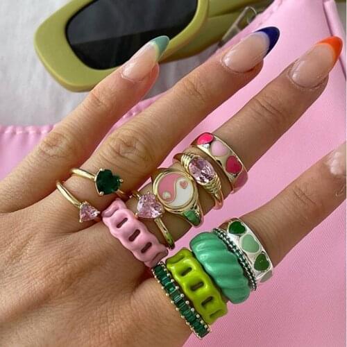 New Ins Trendy Creative Simple Colorful Love Heart Rings Double Layer Vintage Heart Couple Rings For Women Fashion Jewelry