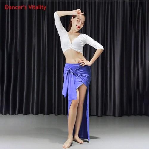 New Women Sexy And Elegance Belly Dance Practice Suit 2 Piece Set Modal Belly Dance Split Long Skirt Long Sleeve Blouse White