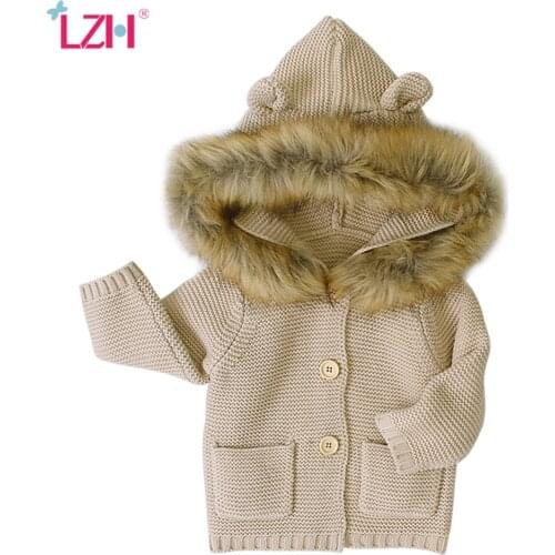 LZH 2021 Autumn Infant Fur Hooded Knitting Jacket For Baby Clothes Newborn Baby Girls Jacket Winter Kids Outerwear Coat 0-2 Year