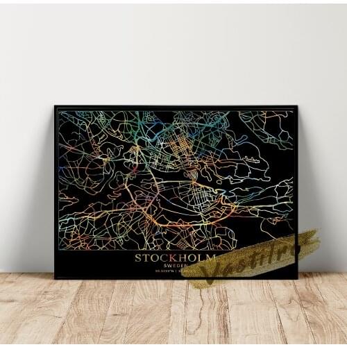 Sweden Capital City Map Poster, Stockholm Geographic Position Art Prints, Stockholm Black Background Colour Line Wall Picture