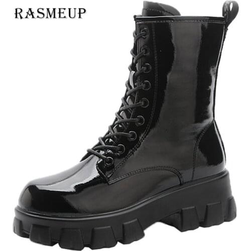 RASMEUP Genuine Leather Womens Platform Boots Luxury Designer Women Chunky Long Boots Fashion Ladies Shoes Side Chain Footwear
