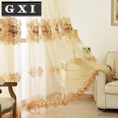 GXI Europe Luxury Water Soluble Beige Embroidery Flowers Screen Sheer Voile Drapes for Living Room Bedroom Lace Tulle Curtains