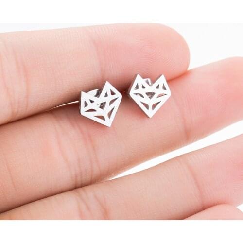 Hfarich European Style Creative Origami Heart Fox Face Shaped Steel Studs Earrings for Women Kids Funny Animal Jewelry