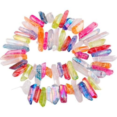 TUMBEELLUWA Multicolor Titanium Coated Quartz Crystal Points Drilled Sticks Spikes 16 inch Strand