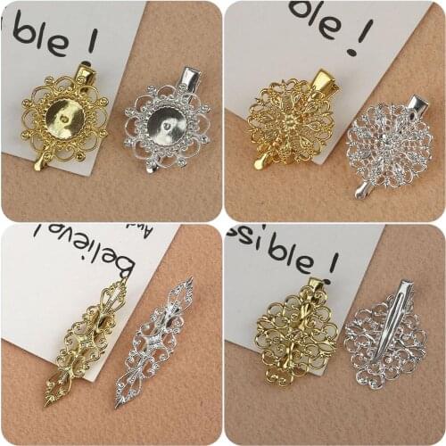 Vintage Metal Brass Filigree 4 Color Flower Piece Duckbill Clip For DIY Barrette Fashion Jewelry Findings Accessories
