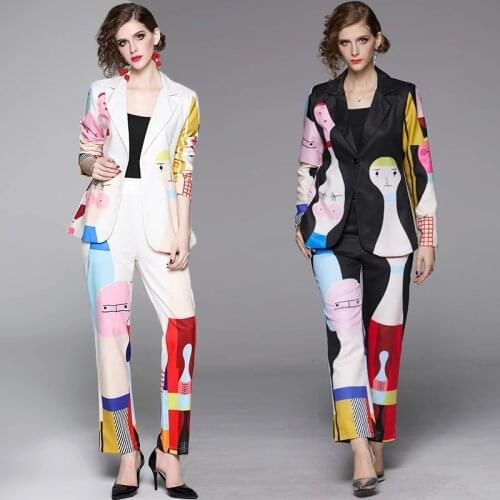 Runway Cartoon Print Women Pant Suit Casual Notched Blazer Jacket+Elastic Waist Pocket Pant 2020 Autumn Office Lady 2 Piece Set
