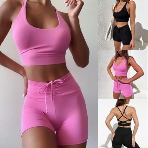 Womens Fashion Skinny High Elastic Fitness Yoga Wear Tank Top Shorts Set