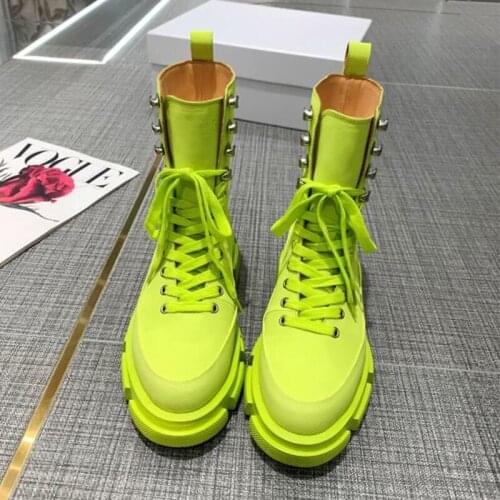 Mid Calf Boots Women 2021 Autumn Winter Top Real Leather Thick Bottom Lace Up Martin Boots All Match British Style Short Boots