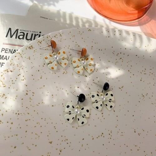 Origin Summer Sweet Cute Polka Dot Orange Black Bowknot Dangle Earring for Women Exquisite Metal Imitation Pearl Earring Jewelry