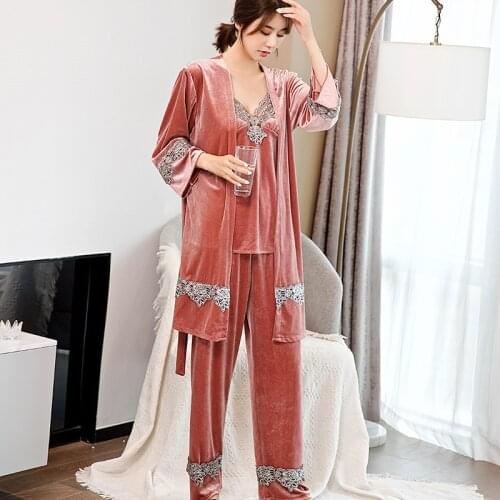 Women Velvet 3 Pieces Pajamas Sets Sexy Lace Bathrobe Sling Pants Sleepwear Winter Autumn Velour Nightwear Pyjama With Chest Pad