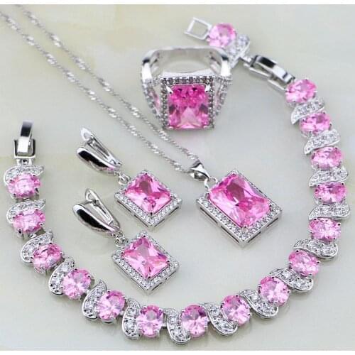 Square Shaped Lovely Pink Zircon White CZ 925 Sterling Silver Jewelry Sets For Women Earring/Pendant/Necklace/Bracelet/Ring