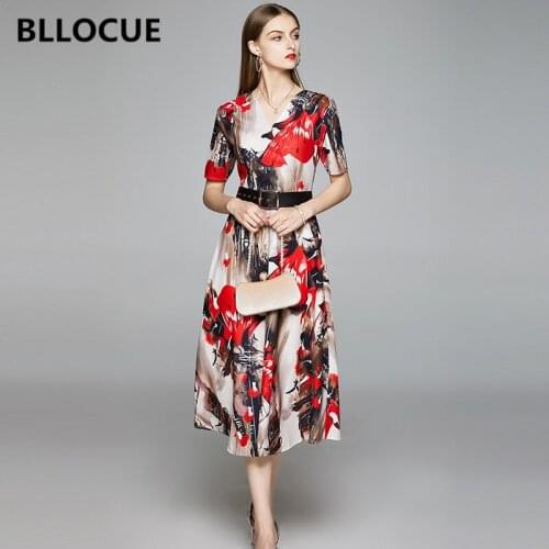BLLOCUE 2020 Summer Ink Print Runway Dress Luxury Floral Sweet Dress Women V-neck Short Sleeve Sexy Party Dress With Belt