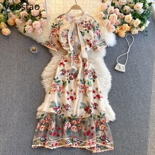 French Vintage Floral Embroidery Party Dresses Women Victorian Elegant O-Neck Lace-Up Holiday Dress Lady Chic Slim Evening Dress