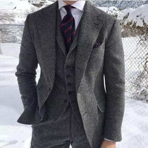 Winter Long Sleeves Peaked Lapel Jacket Groom Wear Mens Suits For Wedding Wool Tweed Herringbone Grey 3 Piece Outcoat Vest Pants