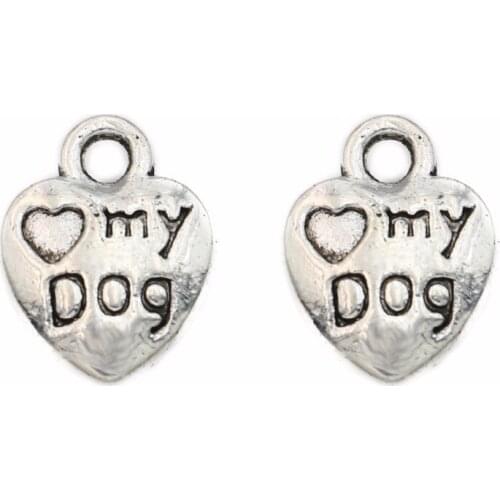 15pcs Antique Silver Plated I love my dog Heart Charms Pendants for Bracelet Necklace Jewelry Making DIY Handmade Craft 13x13mm